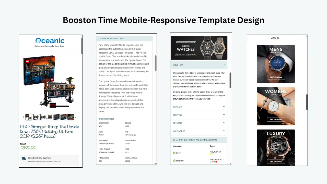 Mobile-responsive eBay template displaying a LEGO product page, technical details, watch banners, and expandable store information.