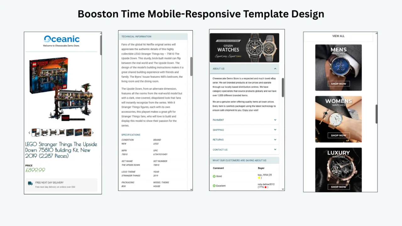 BoostOnTime mobile-responsive eBay template showing product details, technical information, seller content, and watch category banners.