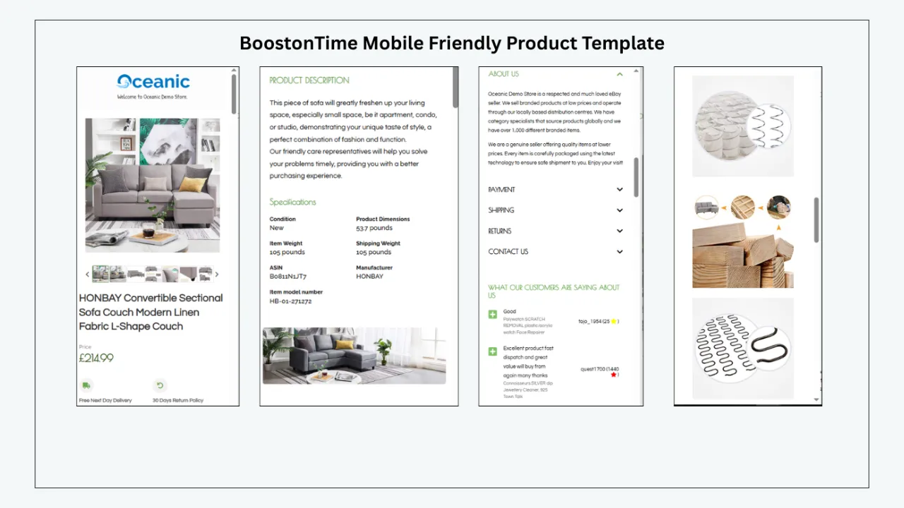 BoostOnTime mobile friendly eBay template showing product, description, about us and details on mobile screens