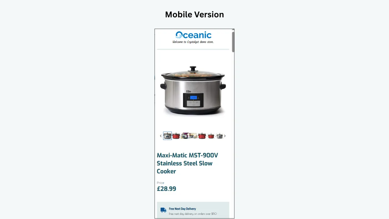 BoostOnTime eBay mobile template with product image, gallery, price and clean responsive slow cooker layout