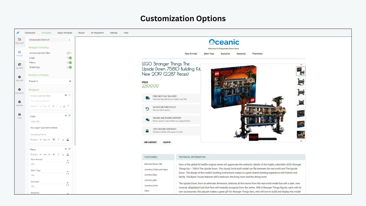 BoostOnTime eBay template customization dashboard with logo, menu, widgets, layout settings, and live preview editor
