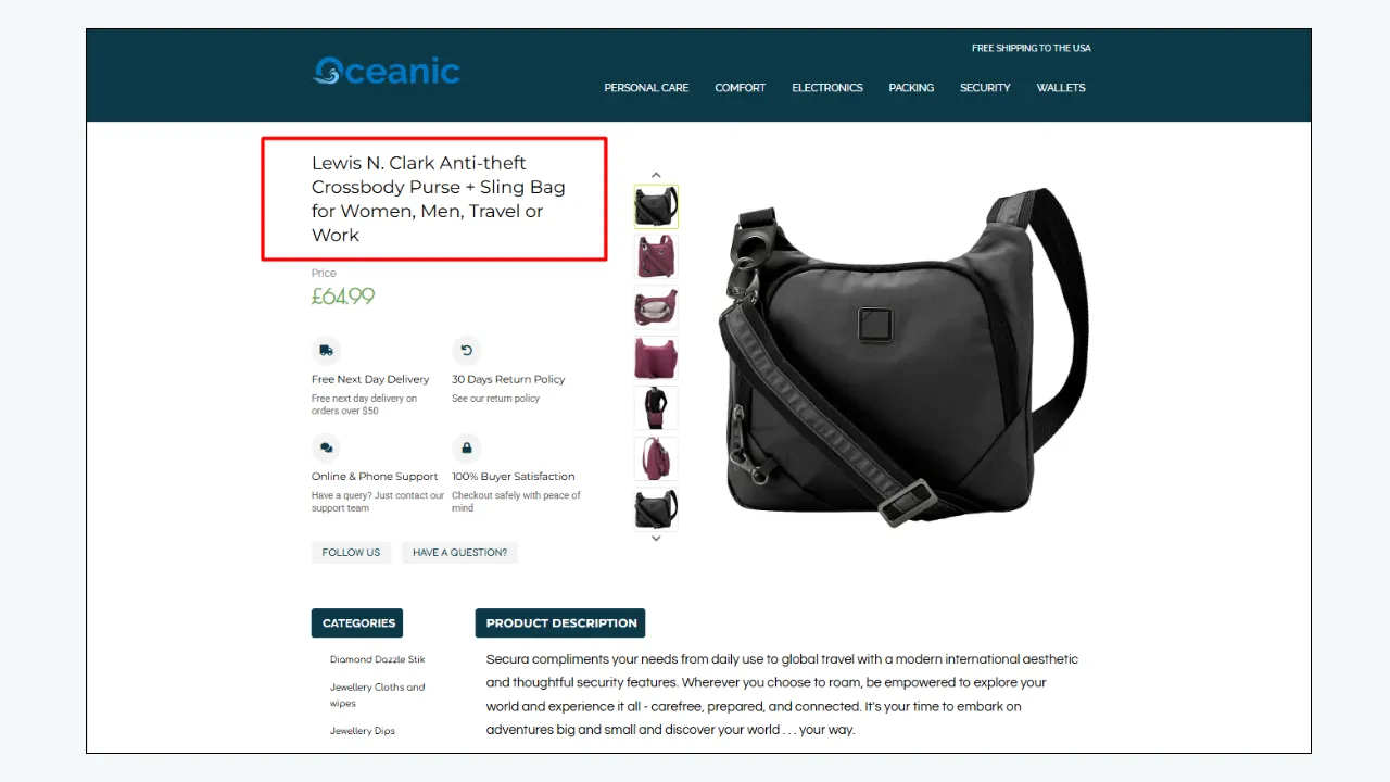 Oceanic eBay product template featuring an anti-theft crossbody travel bag with responsive layout and product details