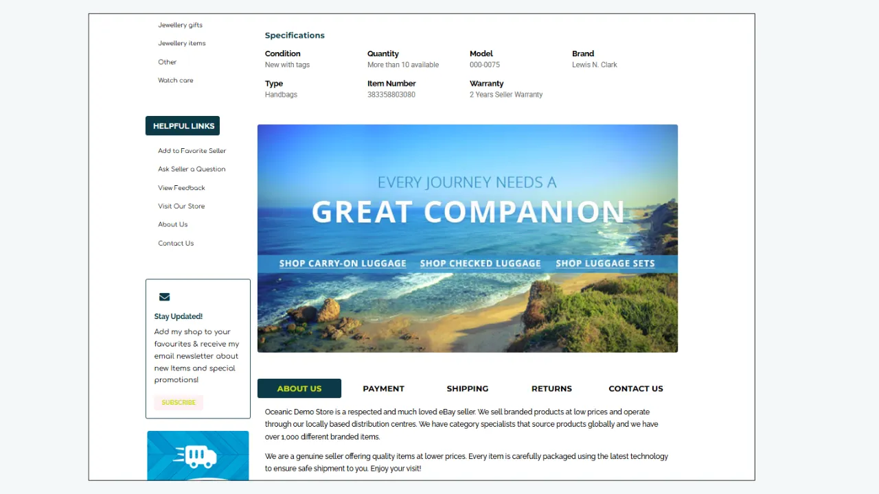 eBay product template featuring promotional travel banner, store information, specifications, and helpful links section
