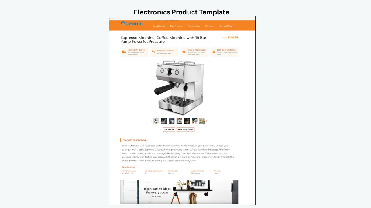 BoostOnTime eBay electronics template with product gallery, description, specifications and clean responsive layout 