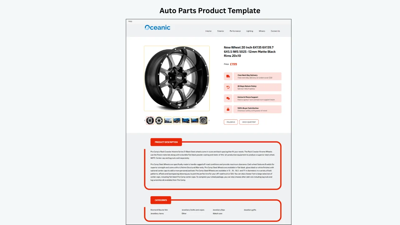 BoostOnTime eBay auto parts template with product gallery, description, trust badges and clean vehicle parts layout