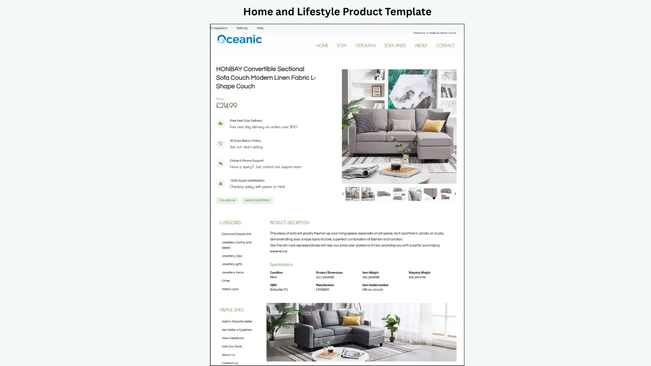BoostOnTime eBay home and lifestyle template with product gallery, description, specifications and clean furniture layout