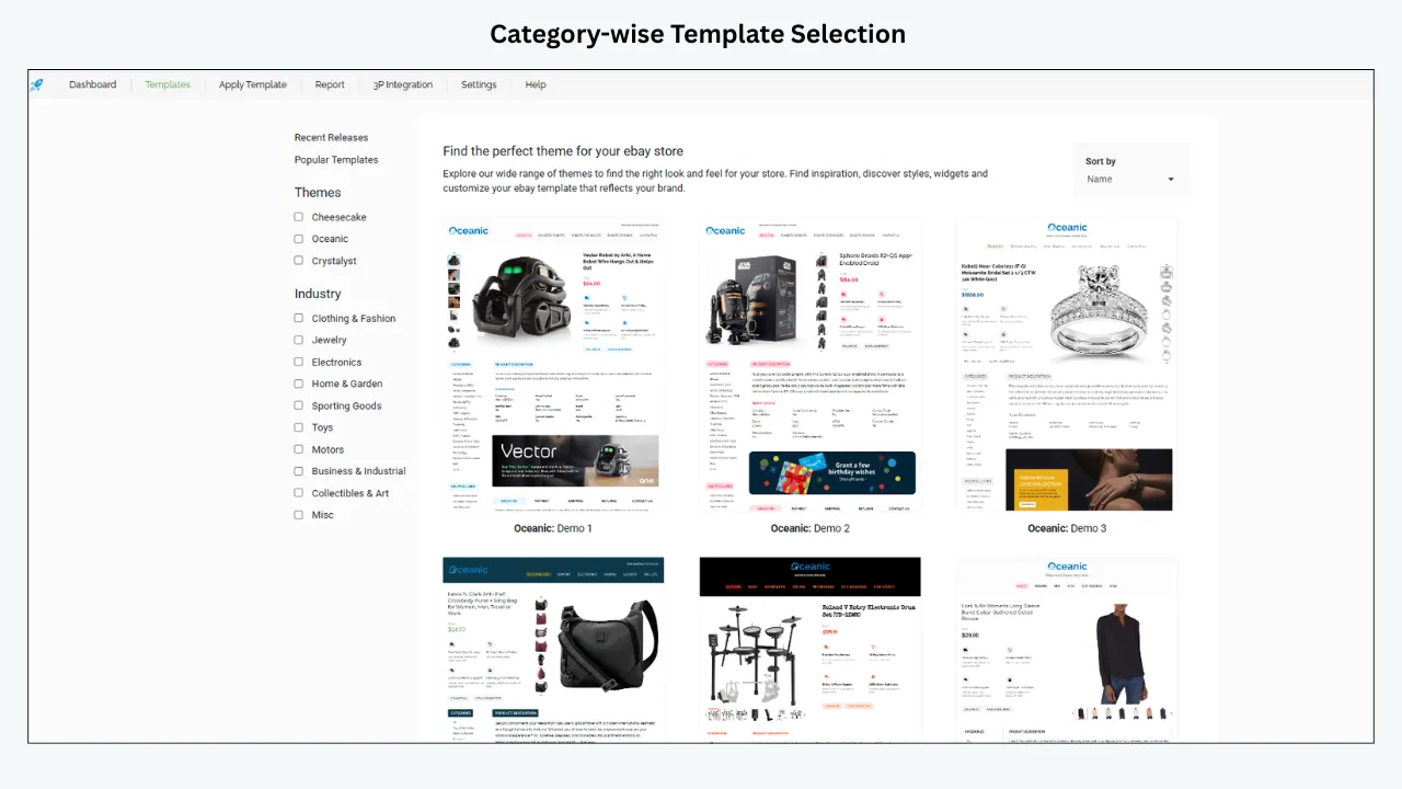 BoostOnTime eBay template selection interface showing category filters and multiple product template previews