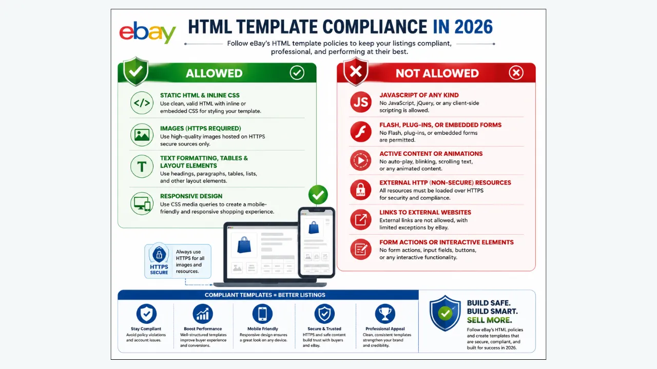 eBay HTML template compliance infographic showing allowed and not allowed elements for 2026 listings