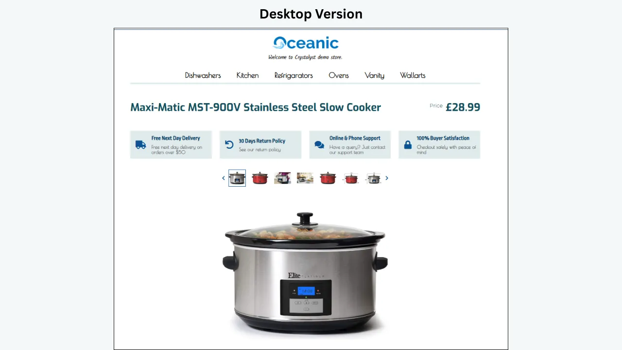 BoostOnTime eBay desktop template with product gallery, trust badges, navigation and clean slow cooker layout