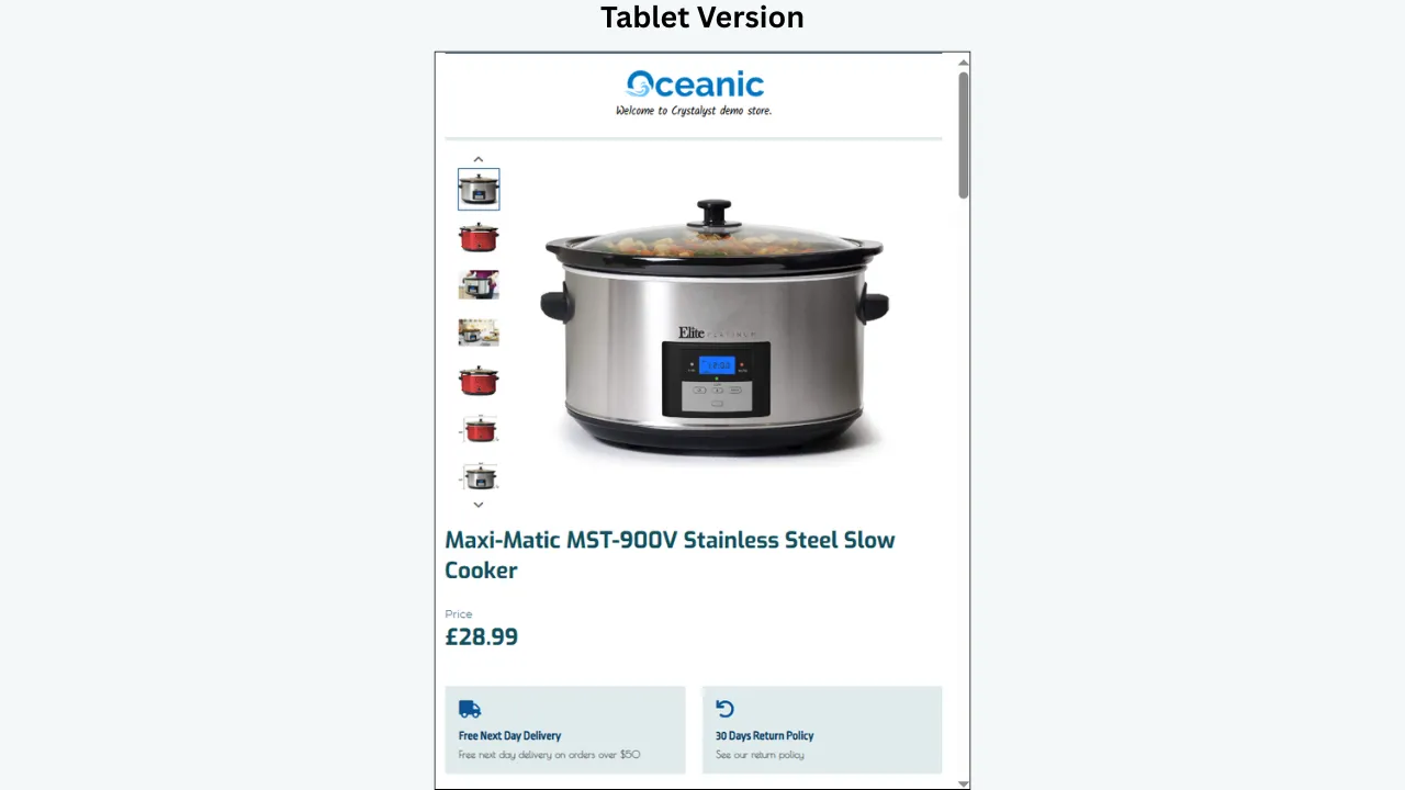 BoostOnTime eBay tablet template with product gallery, price, trust badges and clean responsive slow cooker layout