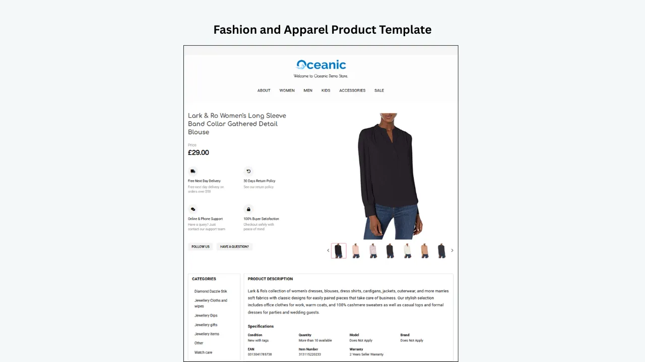 BoostOnTime eBay fashion template with product gallery, description, specifications, categories and clean apparel layout 