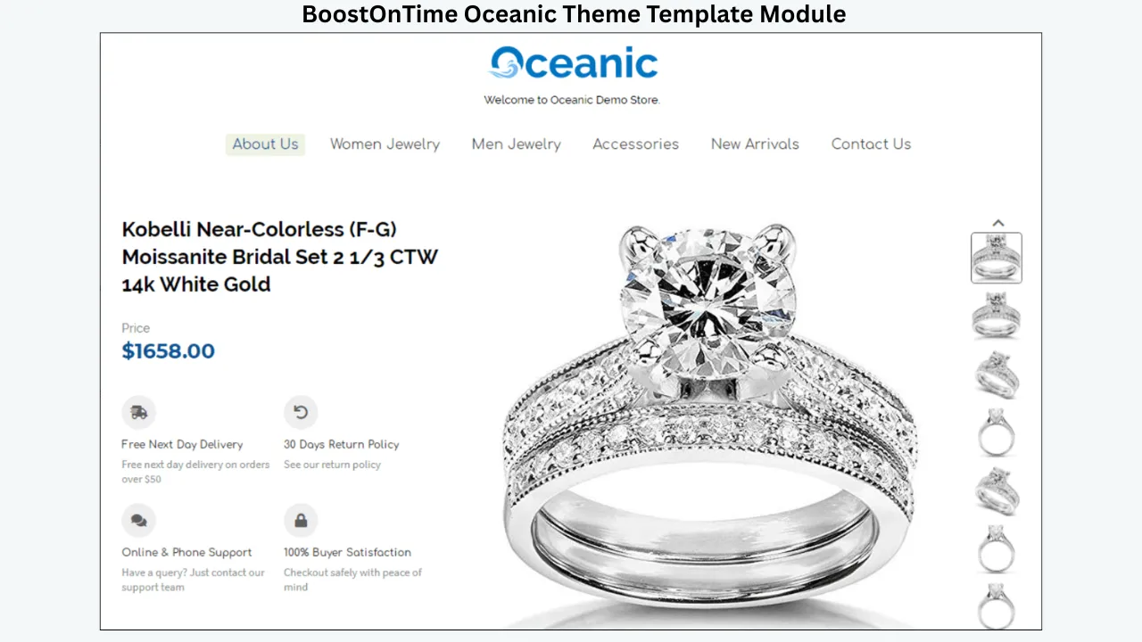 BoostOnTime Oceanic theme eBay template showing product title, price, trust badges, and jewelry images