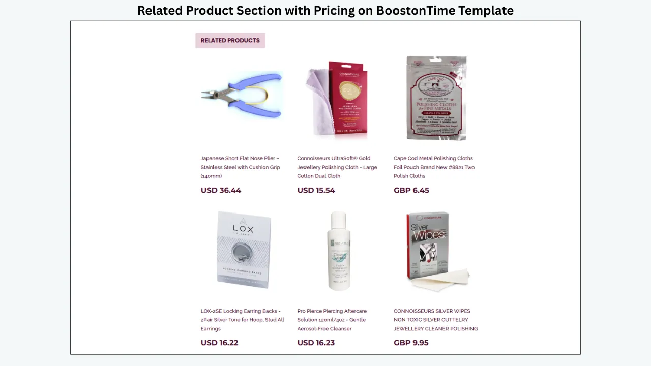BoostOnTime related products section displaying jewelry tools, cleaners, polishing cloths, and prices