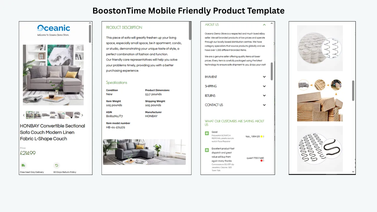 BoostOnTime mobile-friendly eBay template featuring a modern sectional sofa