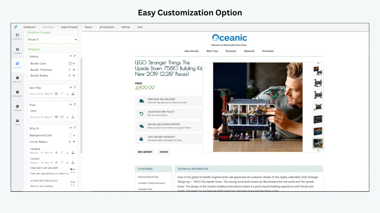 Easy BoostOnTime eBay template customization editor with widgets, colors, product settings, and live storefront preview