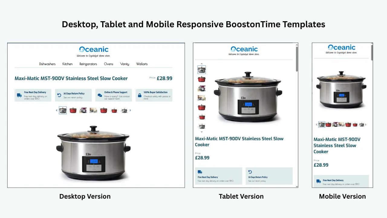 BoostOnTime responsive eBay templates displayed on desktop, tablet, and mobile devices