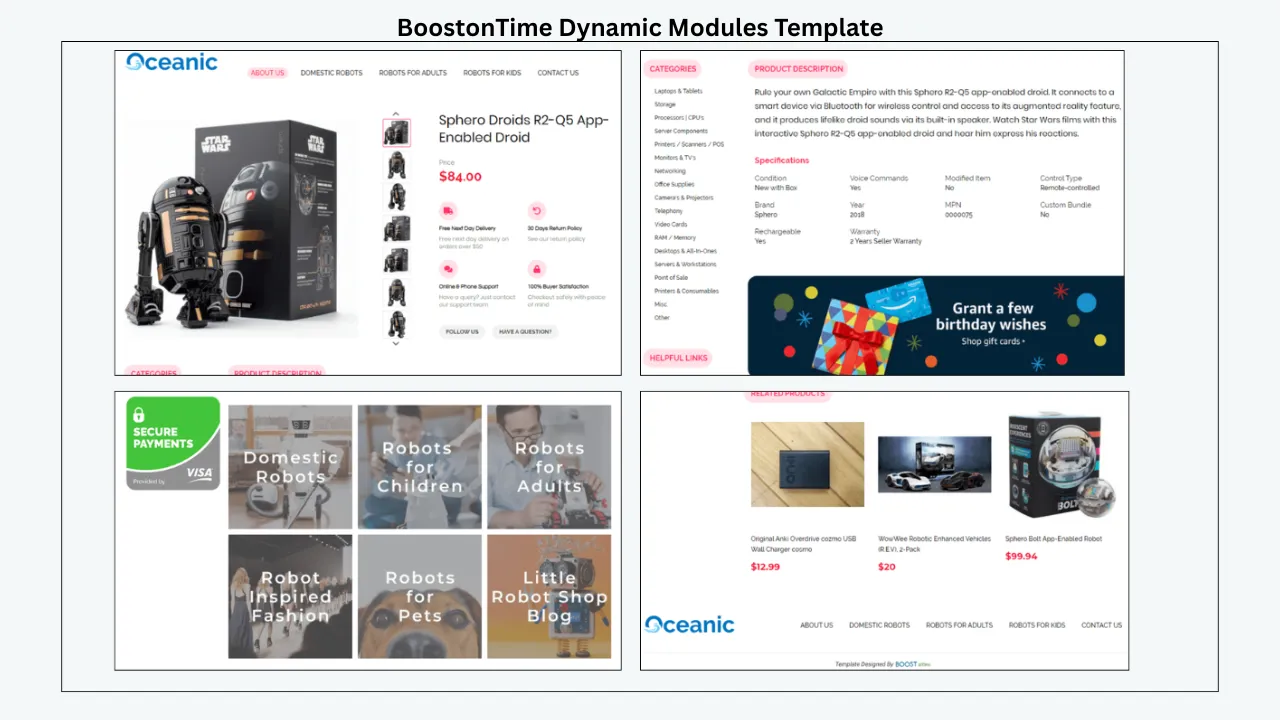 BoostOnTime dynamic eBay template with product, category, and related product modules