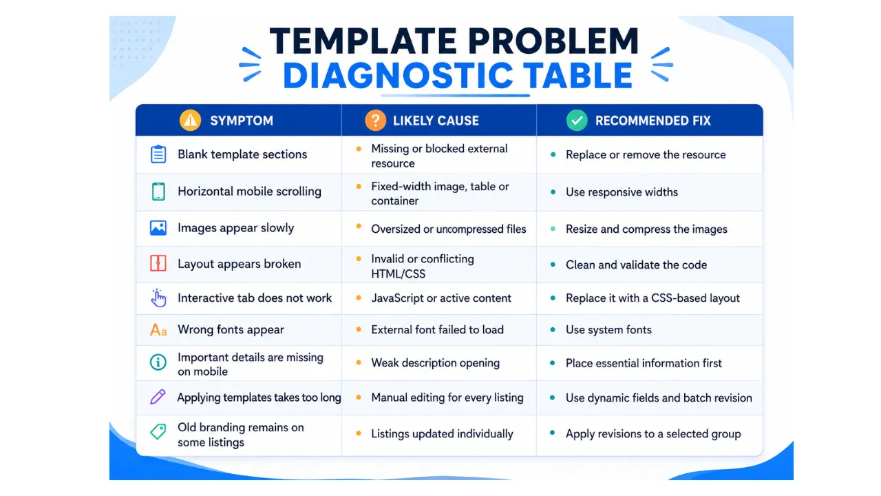 eBay template problem diagnostic table showing common issues, causes, and recommended fixes
