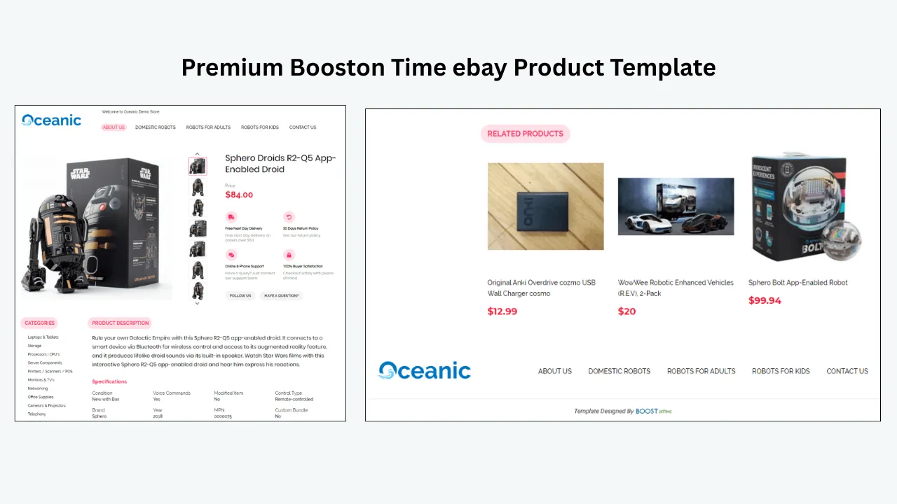 Premium BoostOnTime eBay template featuring robot product details, related products, navigation, and professional store branding