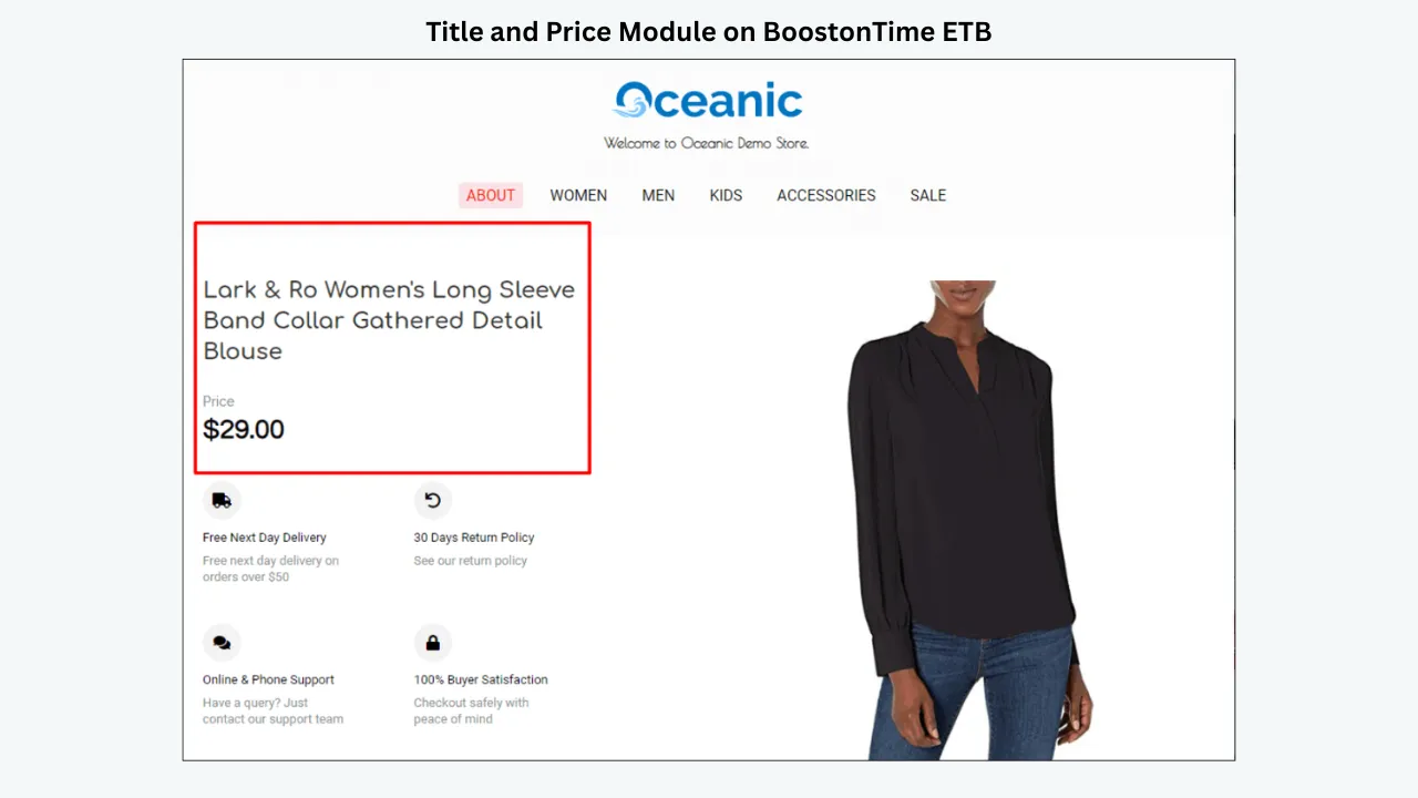 BoostOnTime eBay template showing a women’s blouse product title, price, delivery details, and buyer support features.