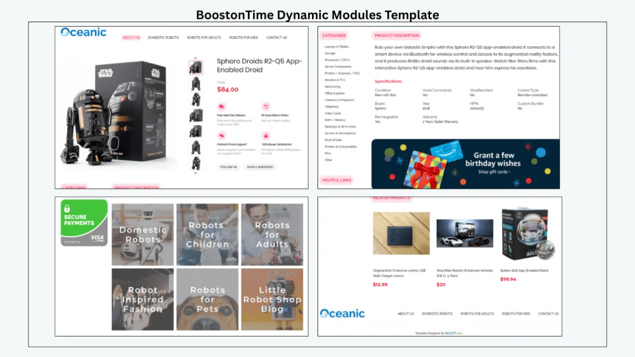 BoostOnTime dynamic eBay template featuring a robot product listing, product description, category menu, promotional banner, and related products.