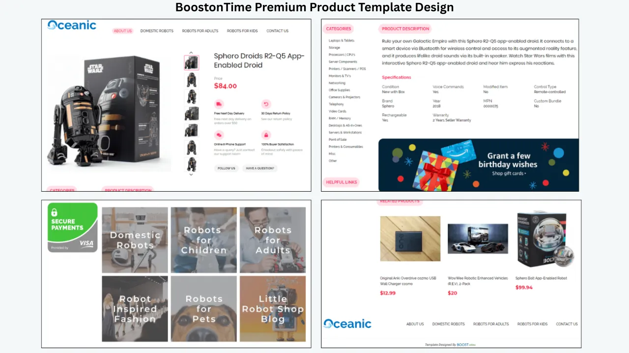 BoostOnTime premium eBay product template featuring a robot listing, product details, promotional content, secure payments, and related products.