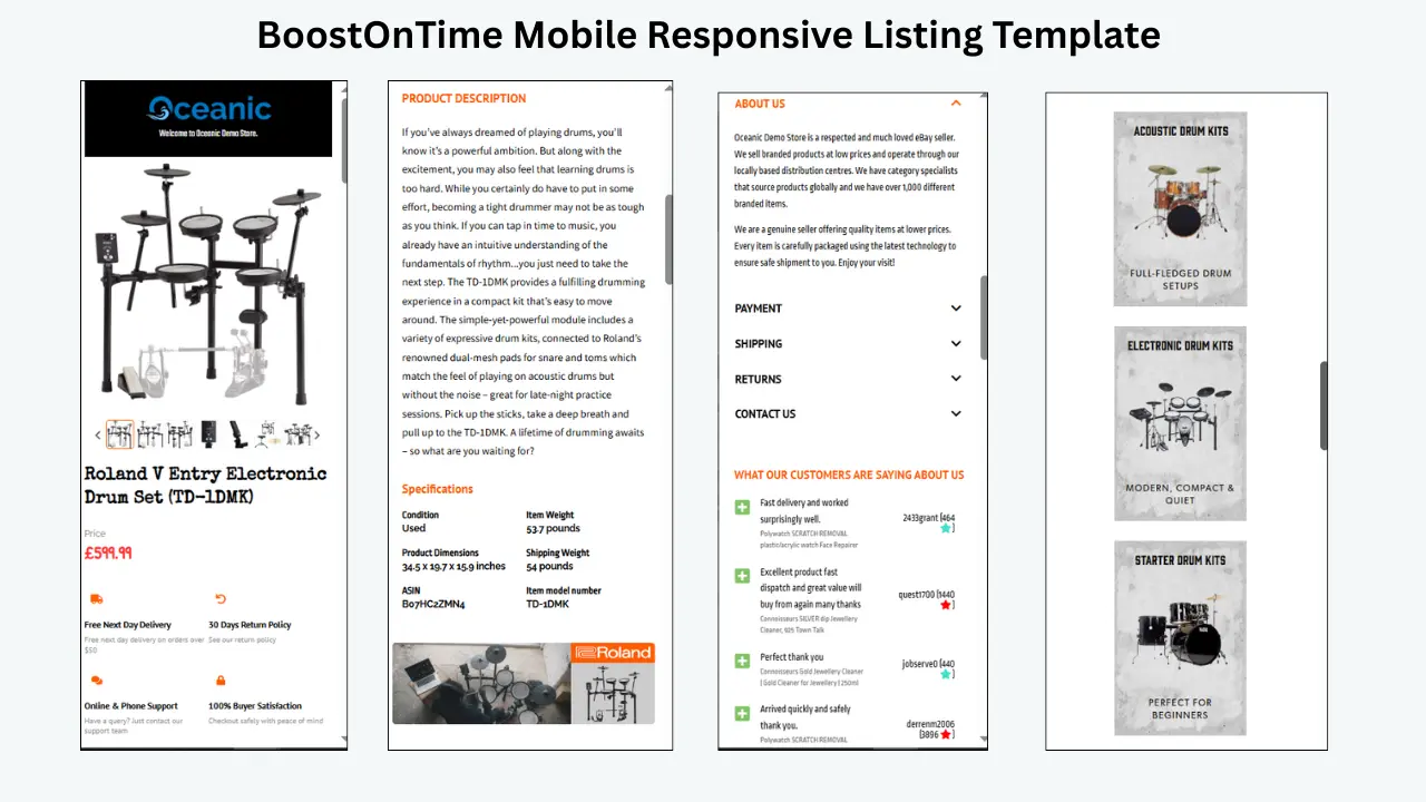 BoostOnTime mobile-responsive eBay listing template displayed on smartphone screens, featuring a product page, product description, seller information, customer reviews, and product categories.