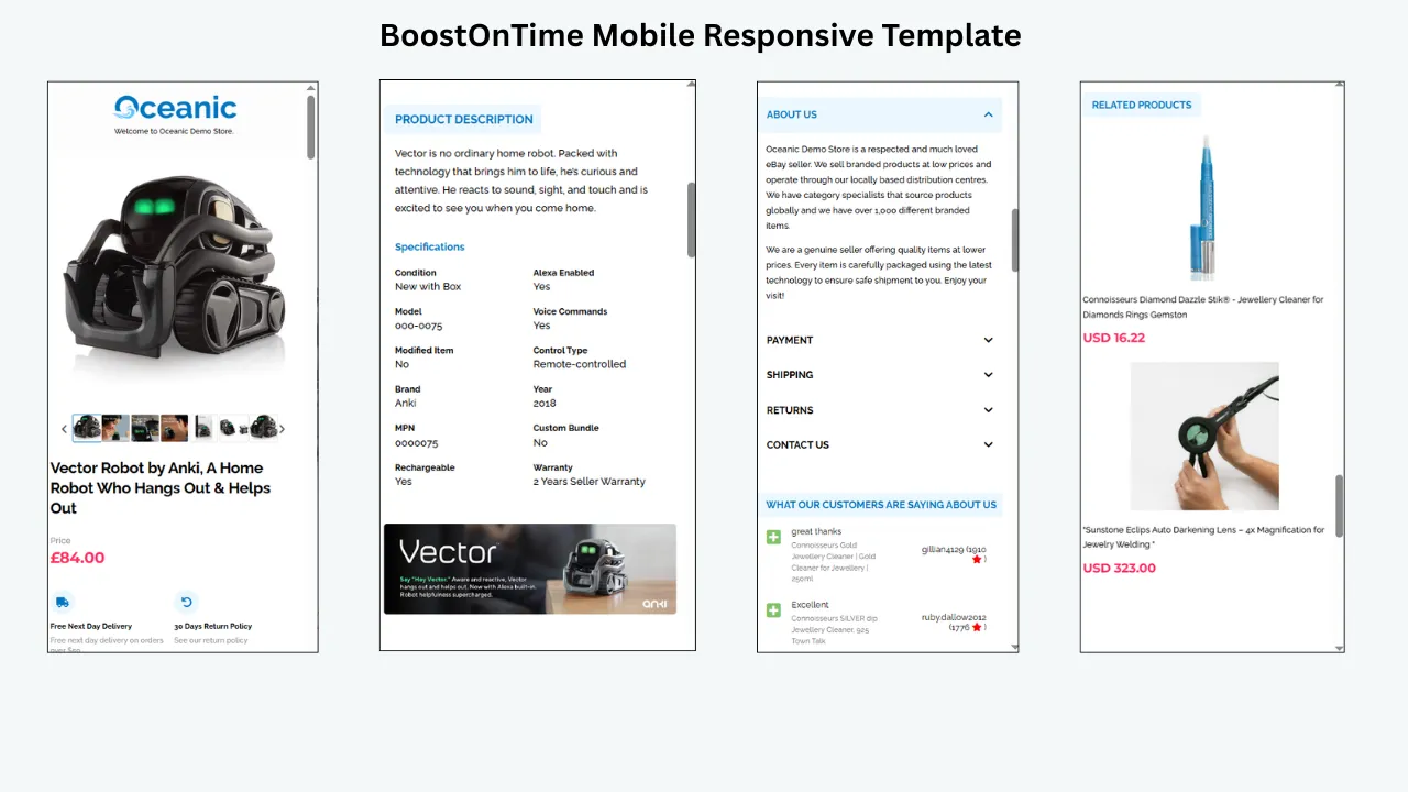 Mobile-responsive eBay template showing product details, specifications, seller information, reviews, and related products.
