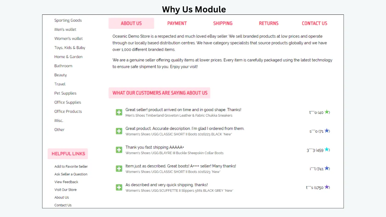 eBay template Why Us module featuring seller information, customer reviews, helpful links, and store policies.