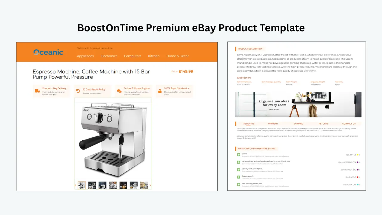 BoostOnTime premium eBay product template with espresso machine listing, product details, and customer reviews. 