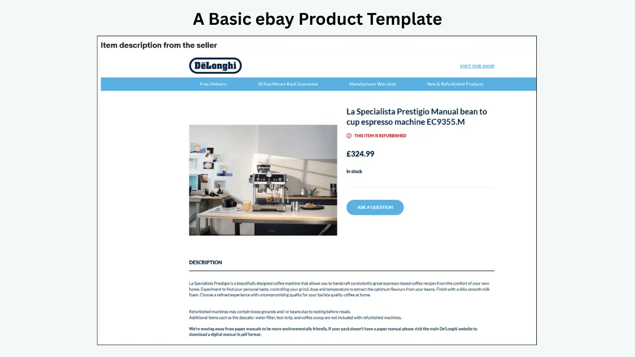 Basic eBay product template showing a De'Longhi espresso machine with image, price, warranty, and description. 