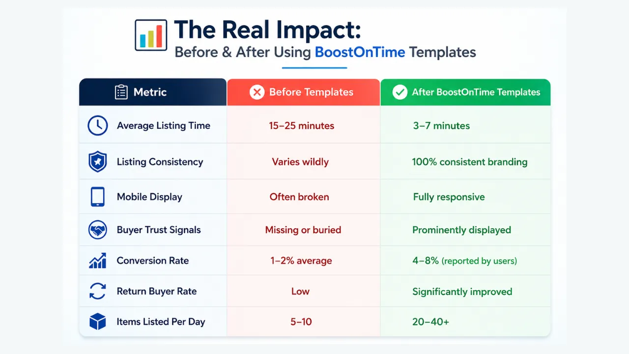 BoostOnTime template performance comparison highlighting faster listings, consistent branding, responsive design, stronger trust signals, and improved reported conversions.