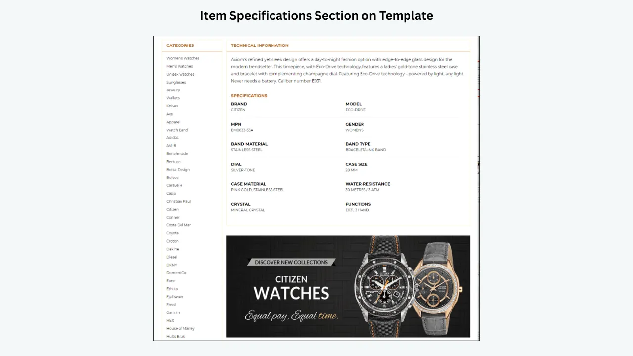 eBay product template showing a detailed item specifications section for a Citizen women’s watch.