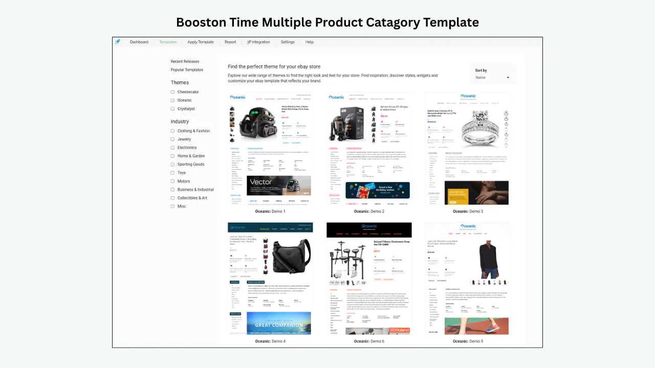 BoostOnTime eBay template dashboard showing multiple product category previews and theme selection options