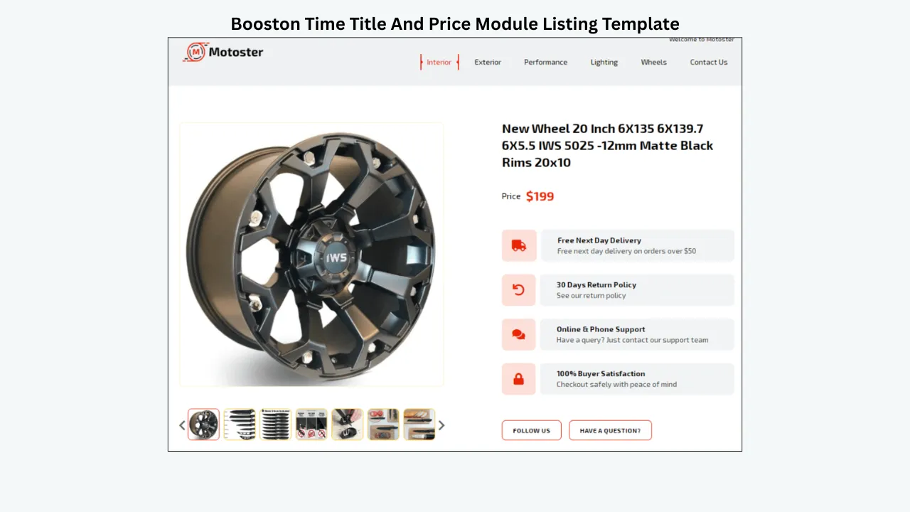 BoostOnTime eBay template with clear title and price module, product gallery and trust badges for auto parts