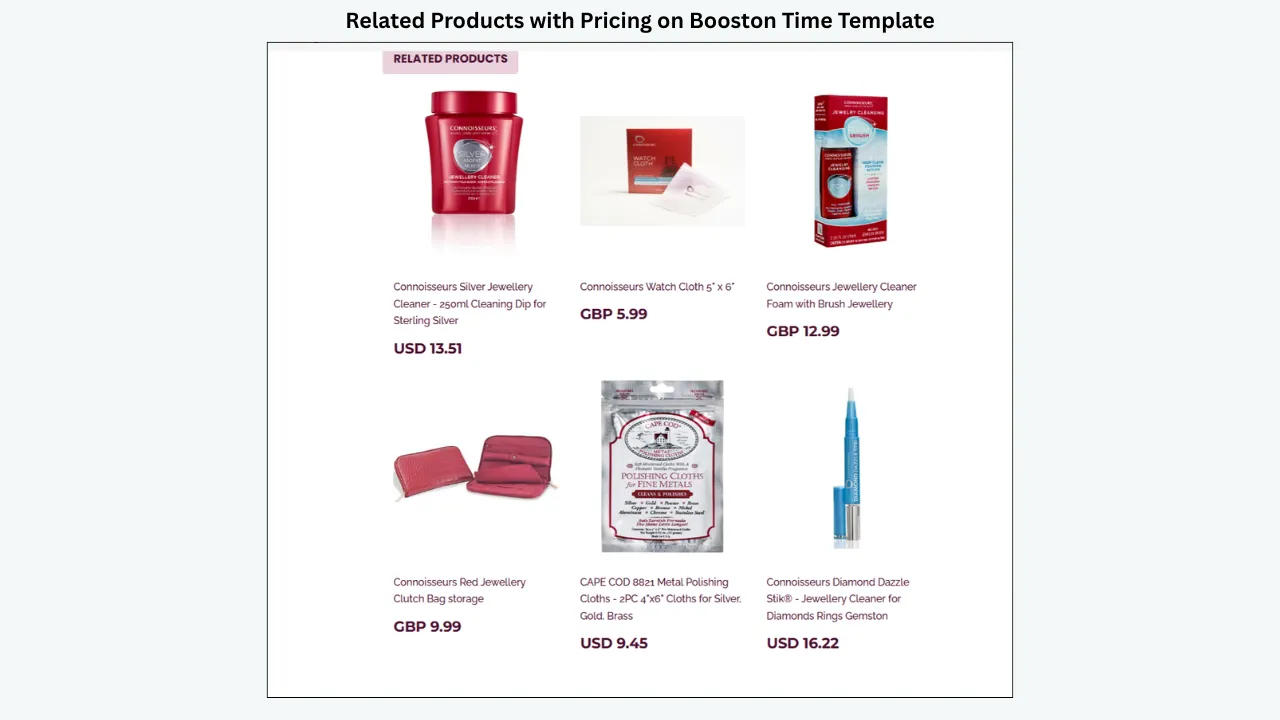 BoostOnTime eBay template showing related products section with images, titles and dual currency pricing