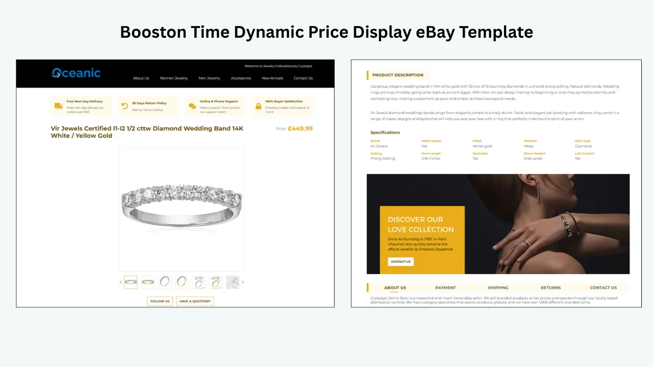 BoostOnTime eBay template with dynamic price display, product gallery, description and jewelry layout