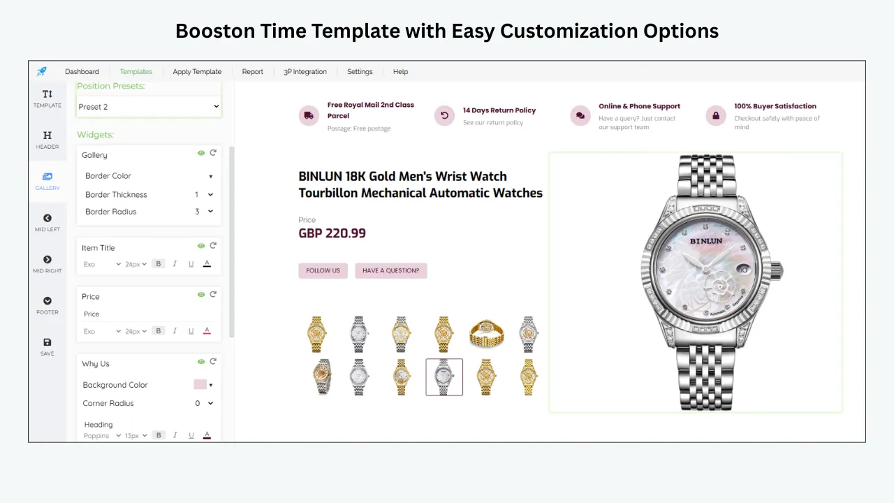 BoostOnTime eBay template editor showing easy customization widgets, presets and live product preview