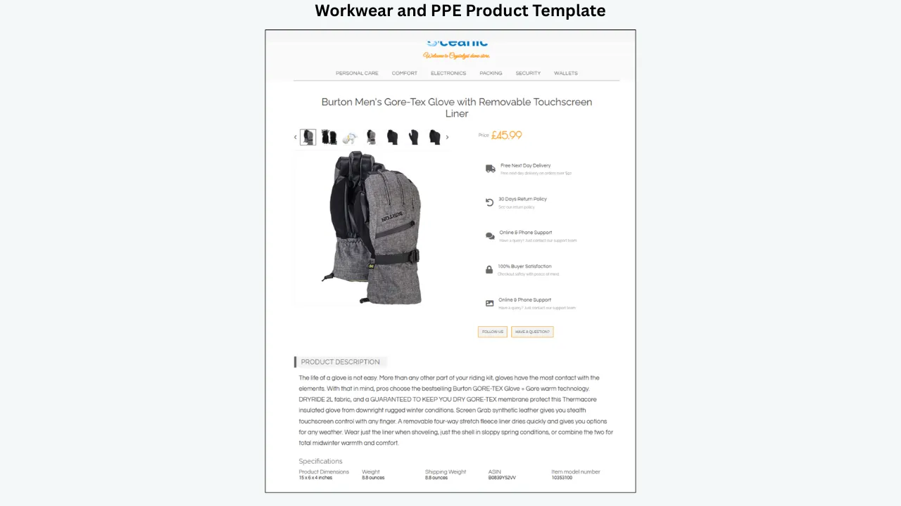 BoostOnTime eBay workwear and PPE template with product gallery, description, specifications and clean layout