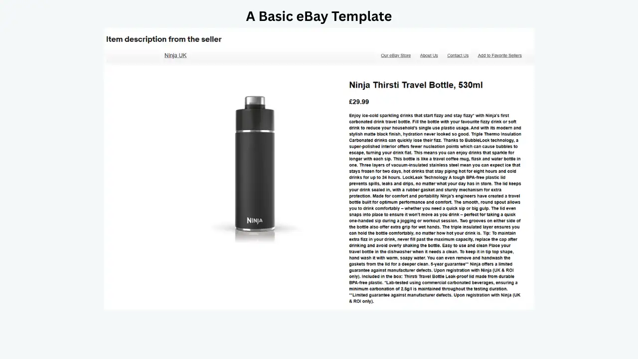 Basic eBay template showing Ninja Thirsti travel bottle product page with image, price, and detailed seller description. 