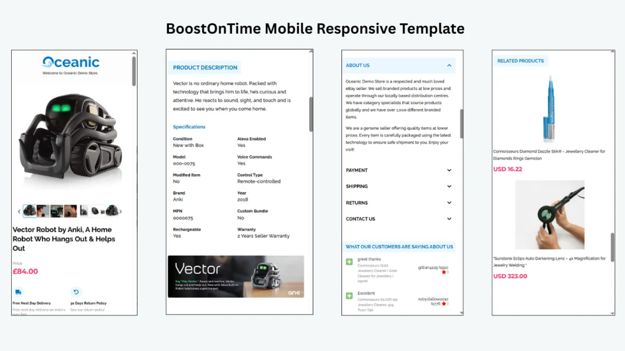 BoostOnTime mobile responsive eBay template shown across multiple smartphone screens with product details