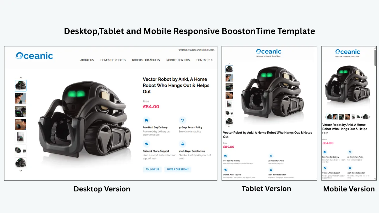 BoostonTime responsive eBay product template displayed on desktop, tablet, and mobile devices