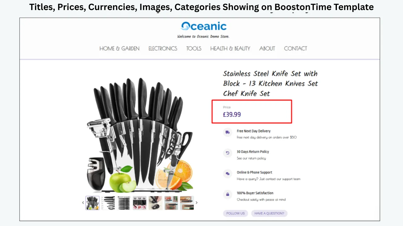 BoostOnTime eBay product template displaying a knife set title, GBP price, product images, navigation categories, and buyer service information.
