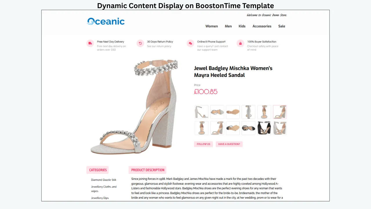 BoostOnTime template showing dynamic content with product images, title, price, and description
