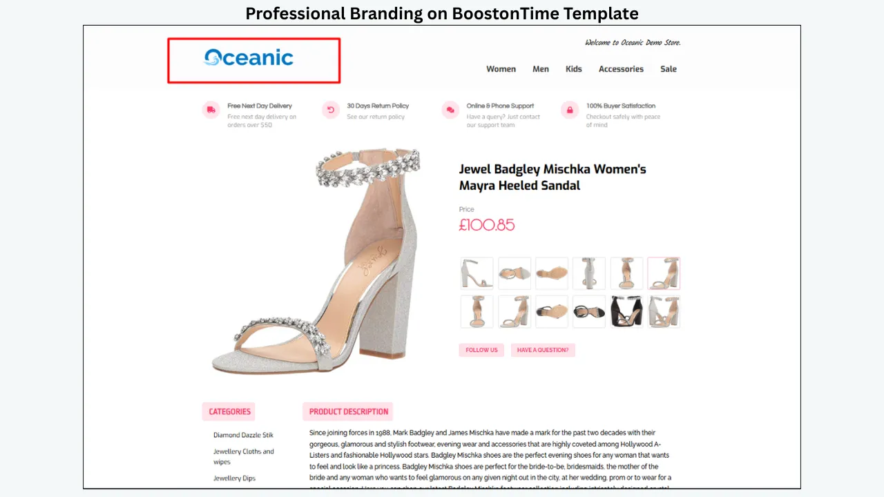 BoostOnTime template with professional branding showing logo, product images, title, and price