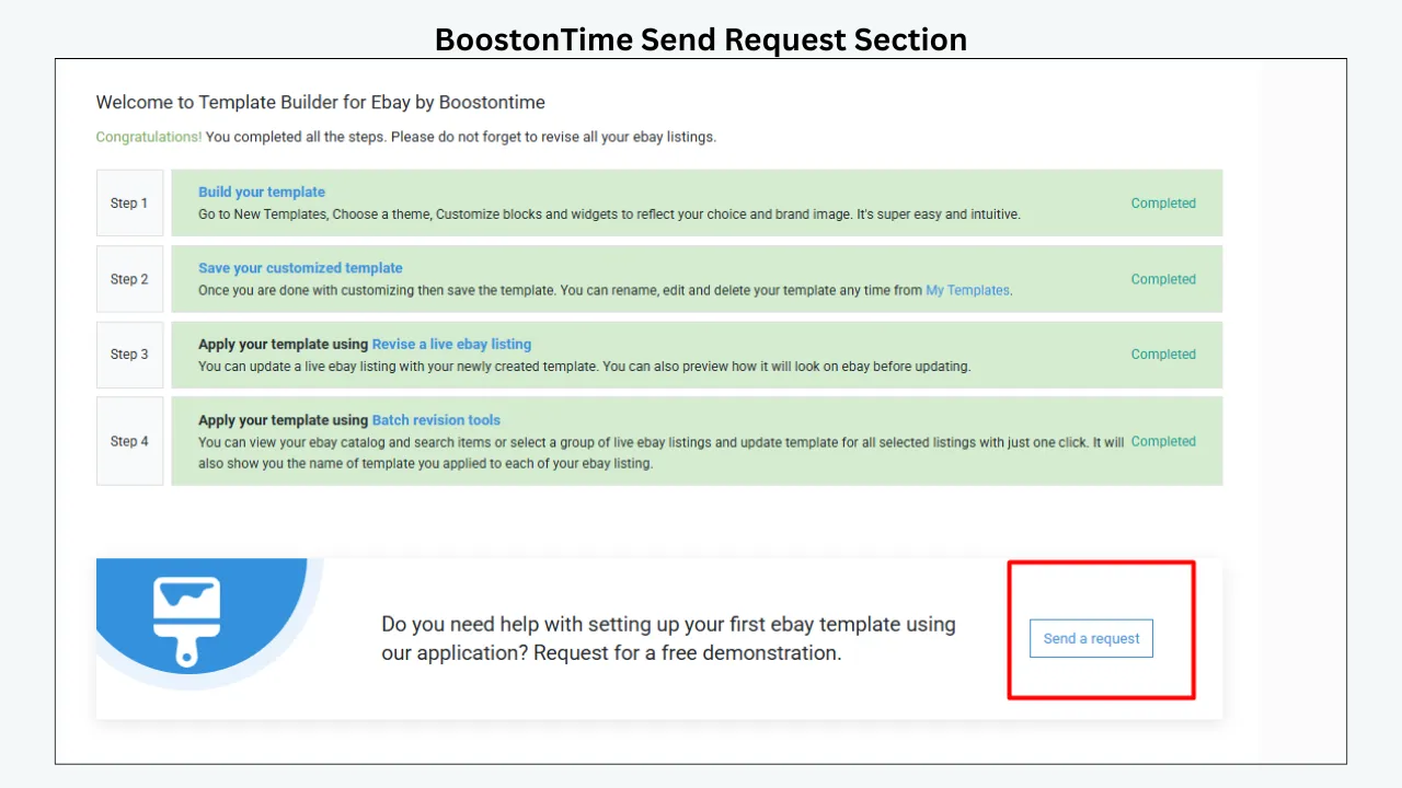 BoostOnTime Send Request Section showing completed template steps and free demonstration request option