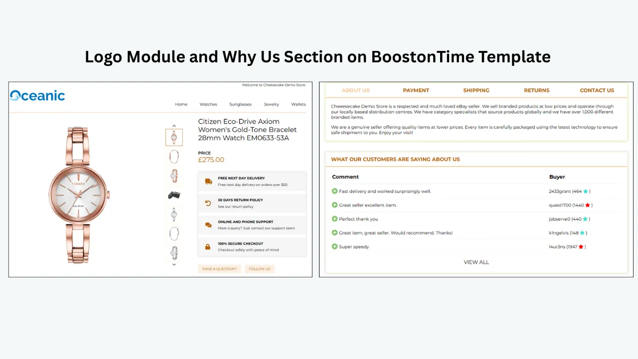 BoostonTime template showing a branded logo, product listing, About Us section, and customer feedback