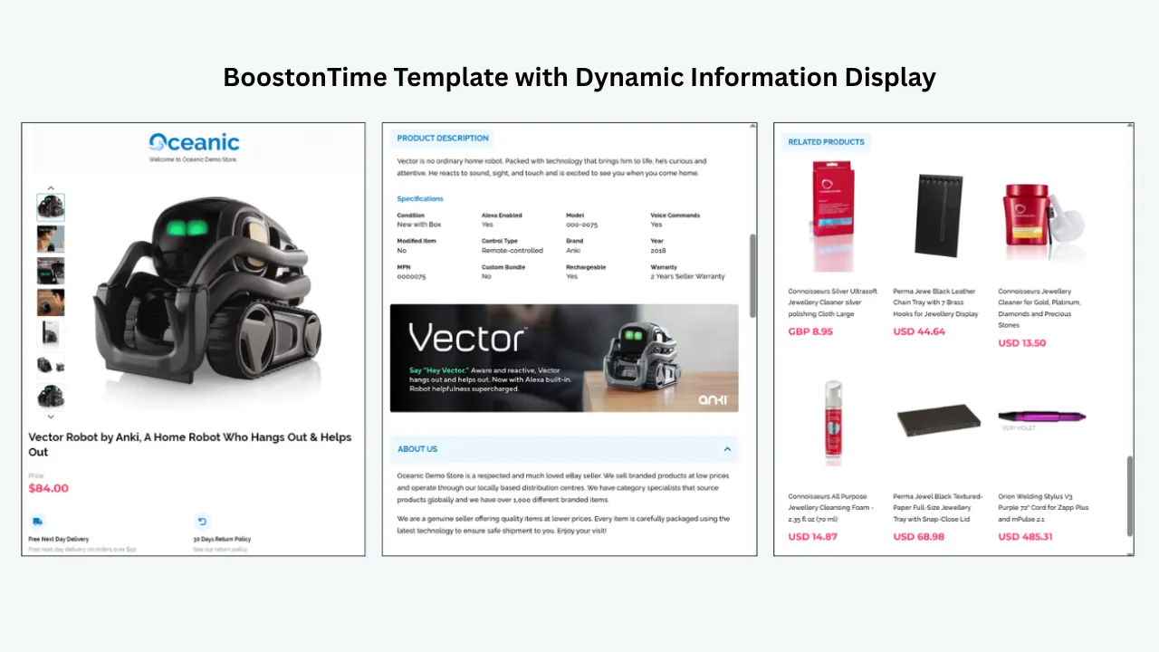 BoostonTime eBay template showing dynamic product information, specifications, related products, and seller details
