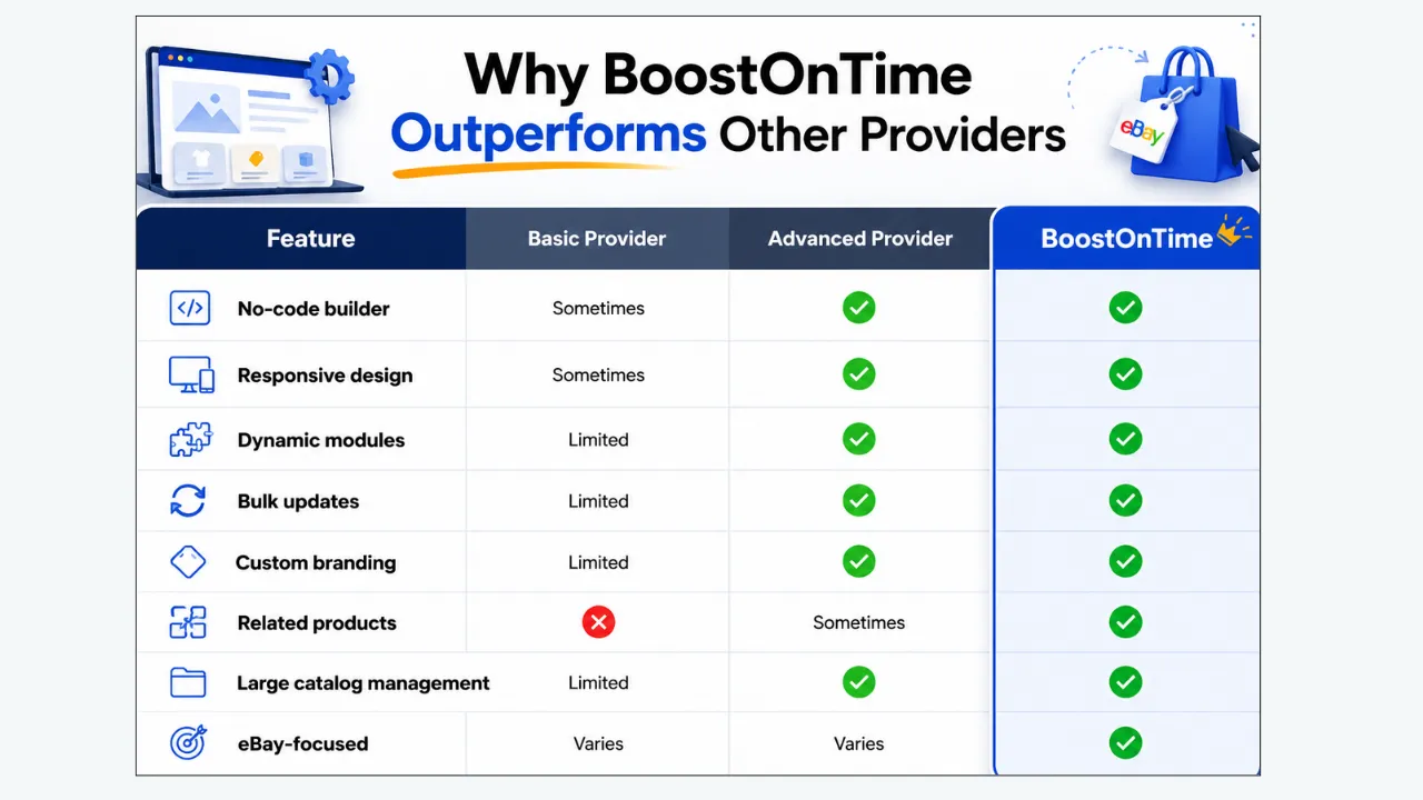 BoostOnTime comparison table showing superior features against basic and advanced eBay template providers