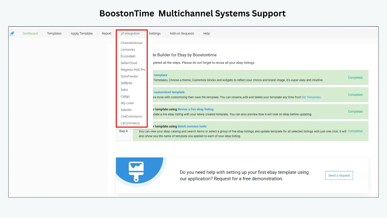 BoostonTime dashboard showing the open 3P Integration dropdown with a list of multichannel systems and completed eBay template setup steps